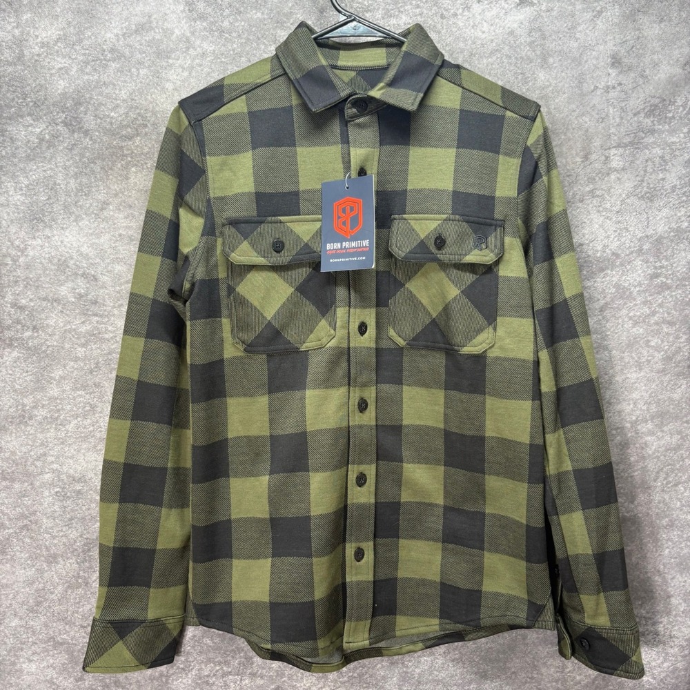 Born Primitive Woodsman Stretchy Flannel Shirt Unisex XXS Forest Green Plaid NWT